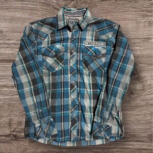 Affliction Shirt Mens Xl New Plaid Premium Biker Button Patch Button Y2K‎